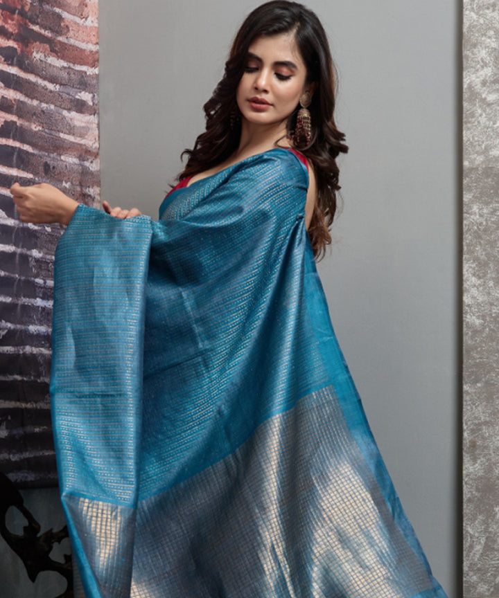Cyan blue chhatisgarh tussar silk handwoven saree
