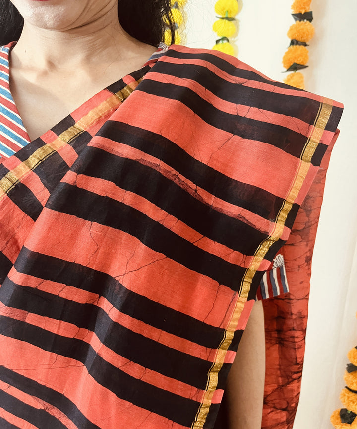 Black red hand block bagru print chanderi sico saree