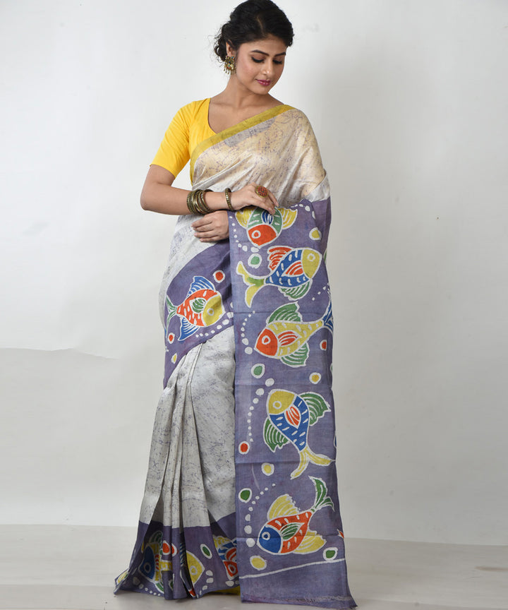 Lavender fish motif pallu silk hand printed batik print saree