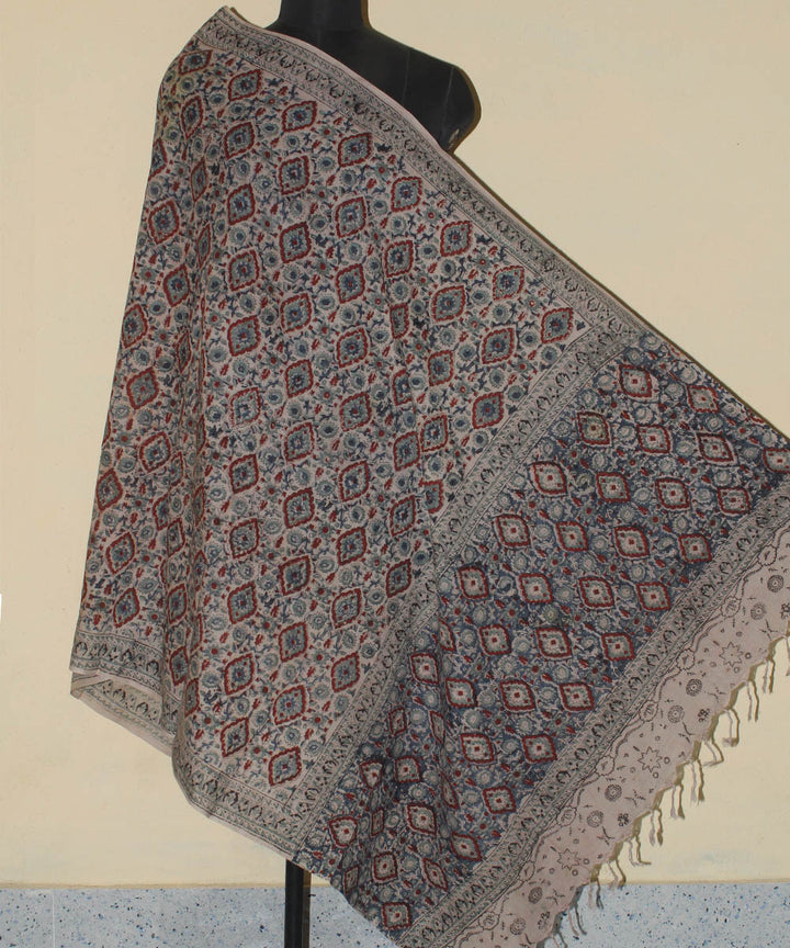 Beige hand printed kalamkari cotton dupatta