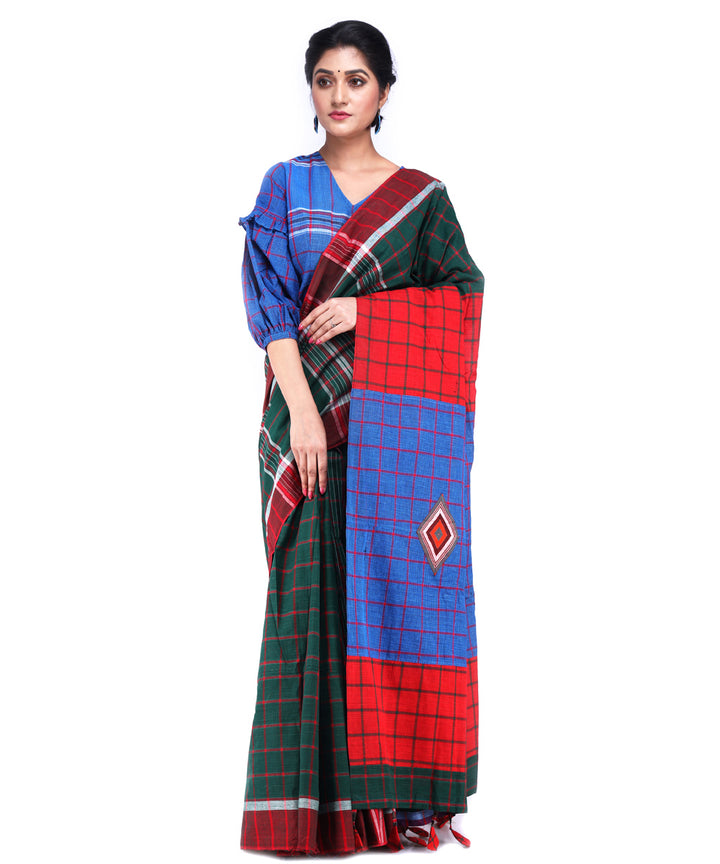 Dark green red blue cotton handloom gamcha saree