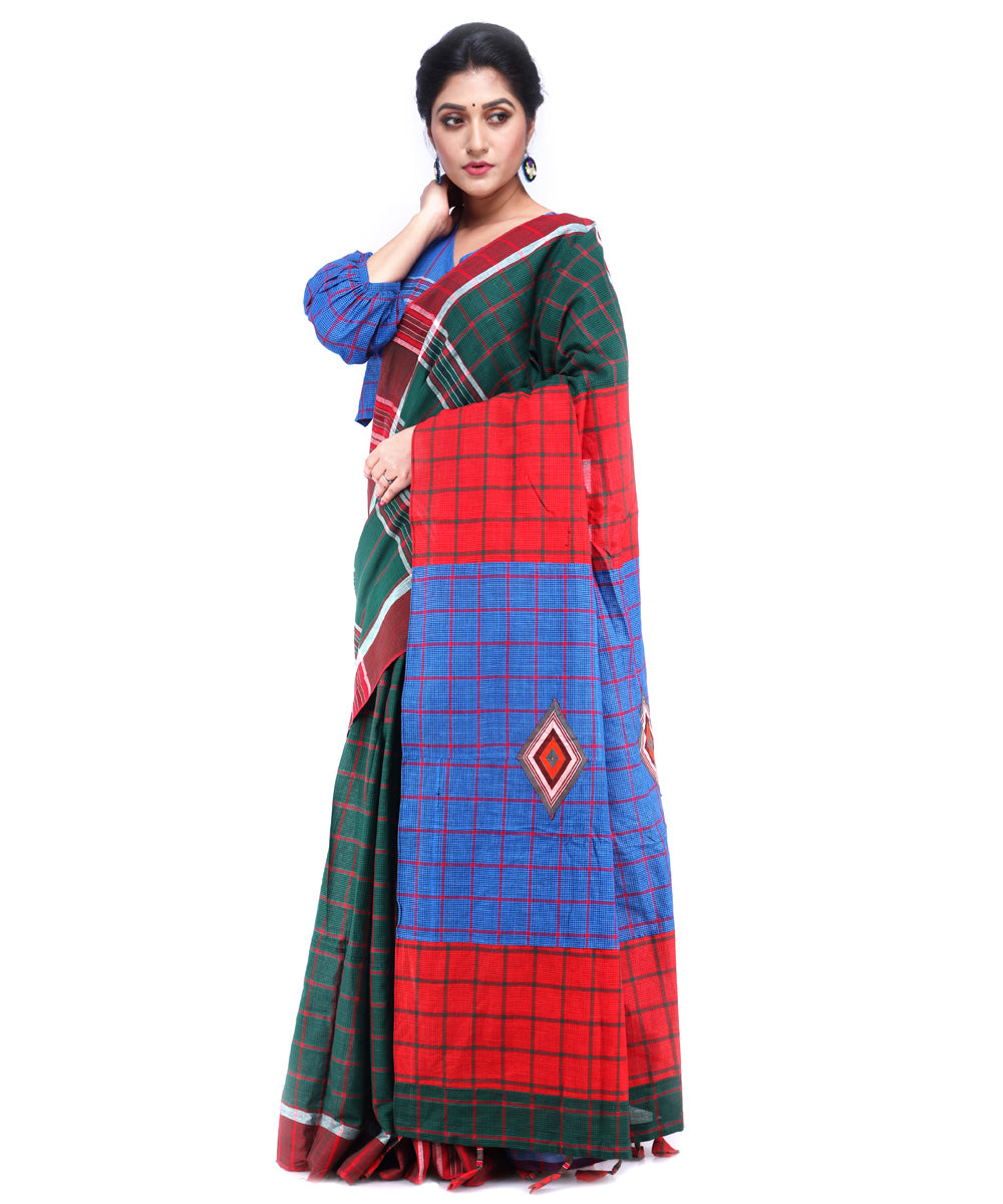 Dark green red blue cotton handloom gamcha saree