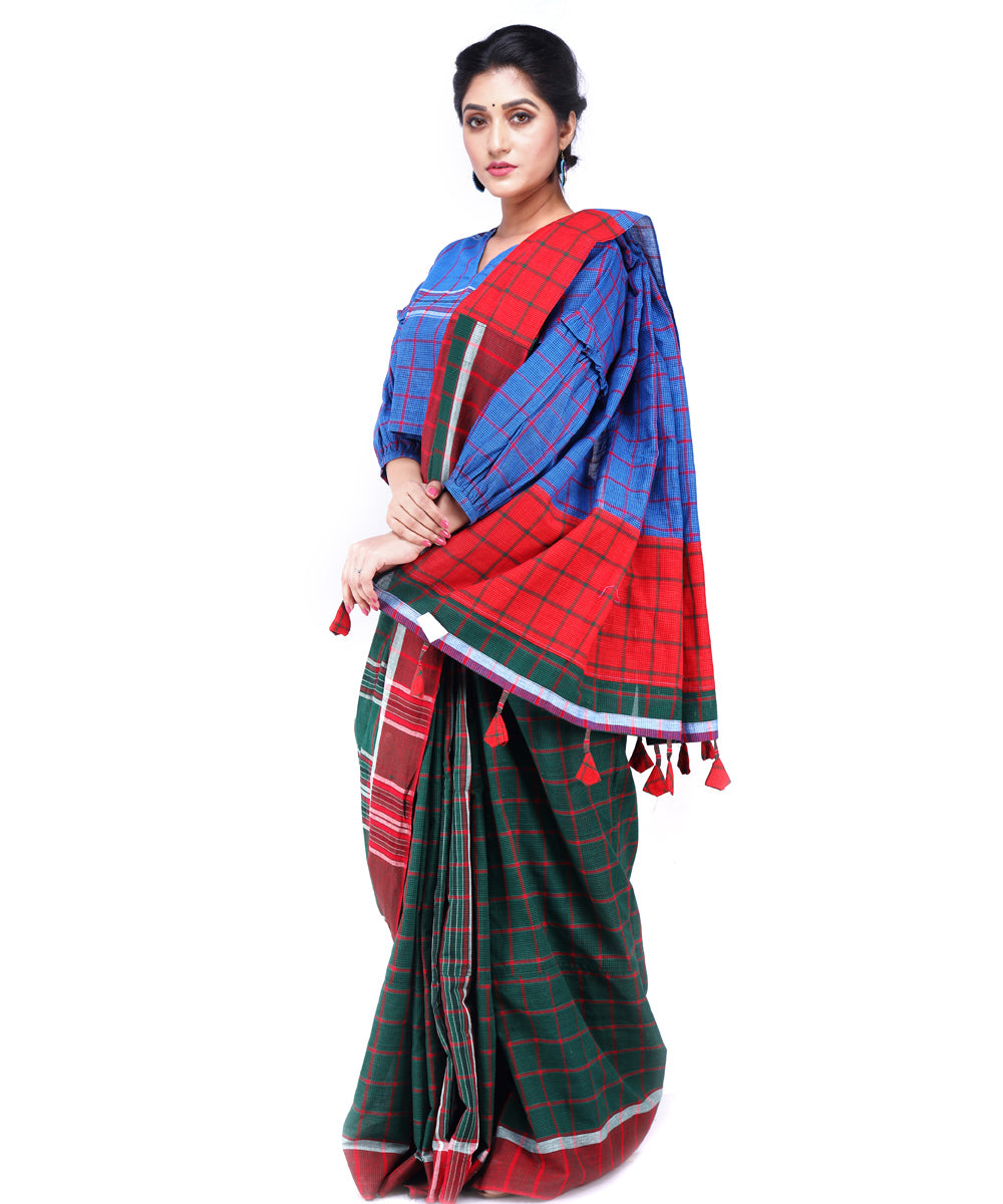 Dark green red blue cotton handloom gamcha saree