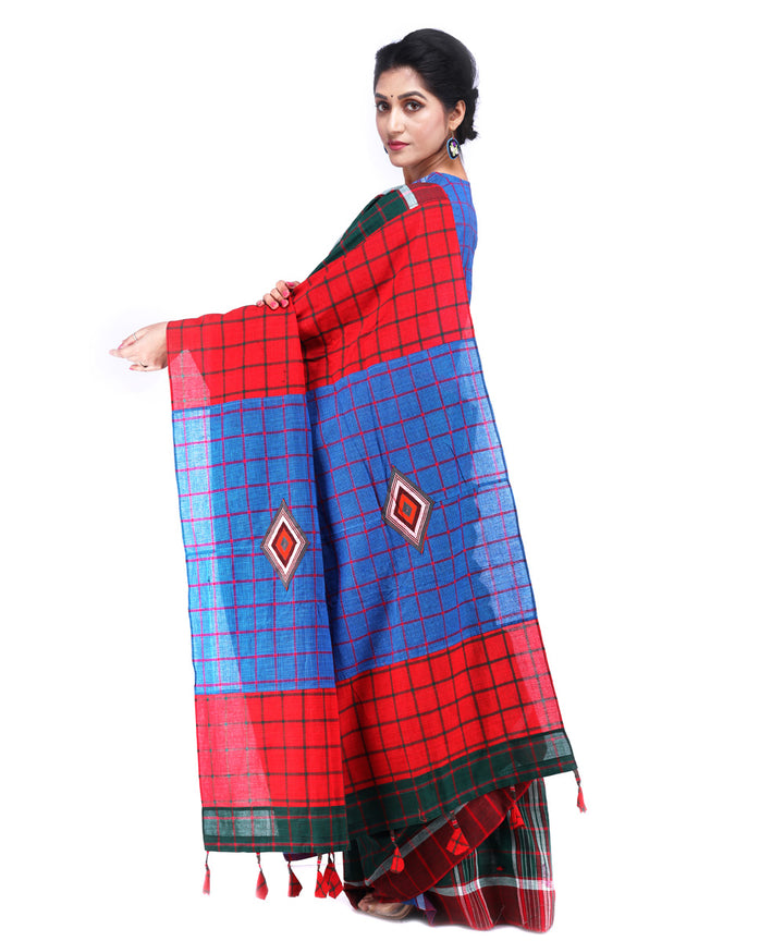 Dark green red blue cotton handloom gamcha saree