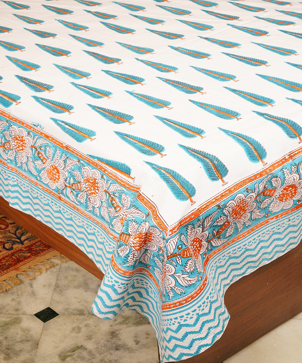 White green cotton hand block printed double bedsheet