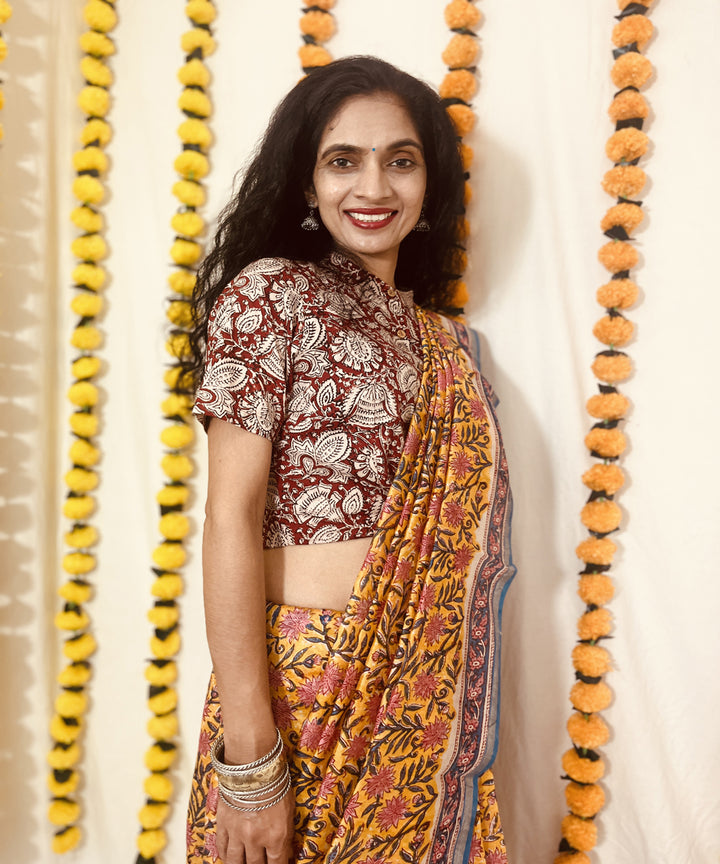 Yellow hand block sanganeri print chanderi sico saree