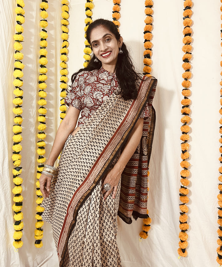 Beige black hand block bagru print chanderi sico saree