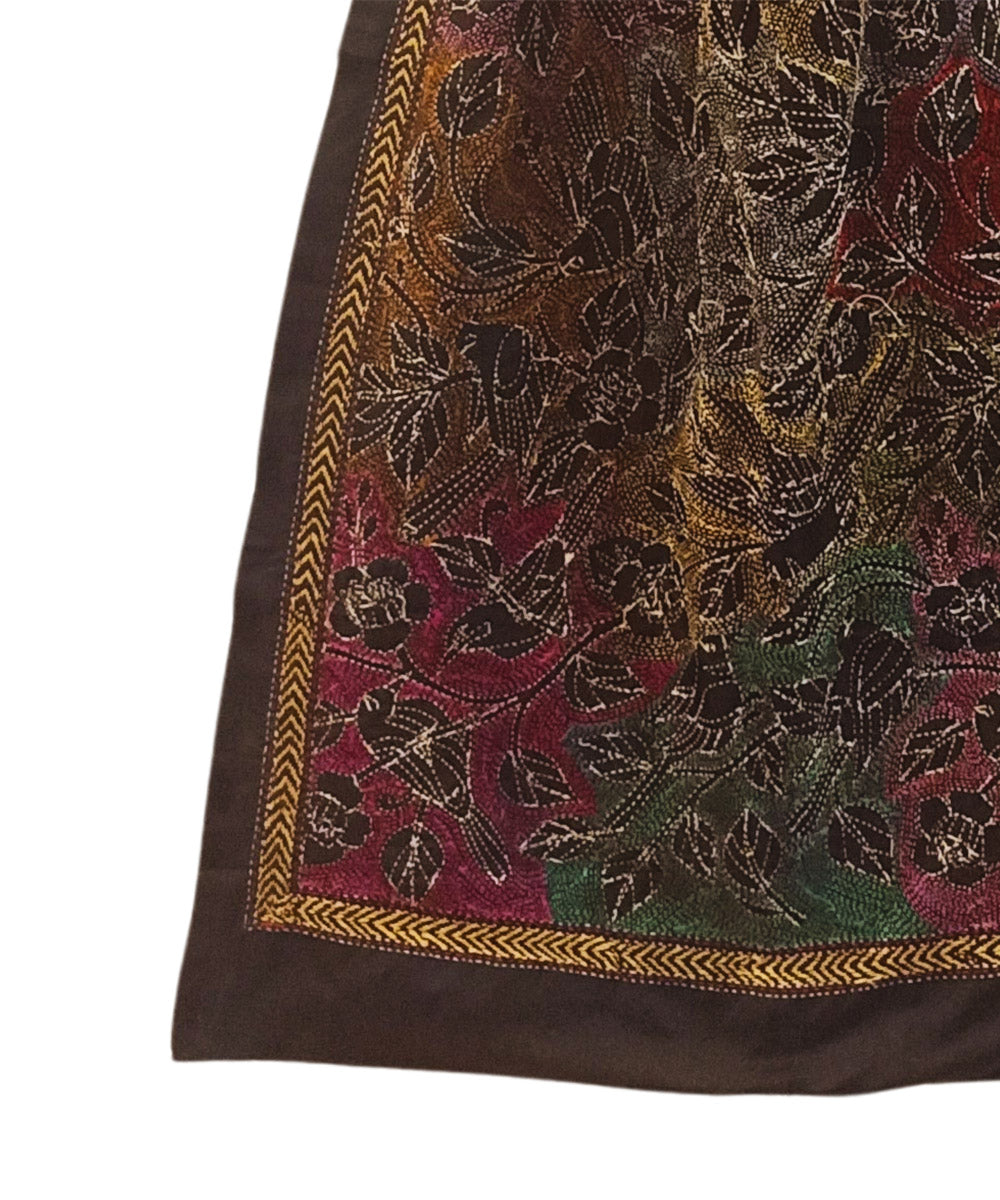 Black multicolor thread silk kantha stitch handwoven stole