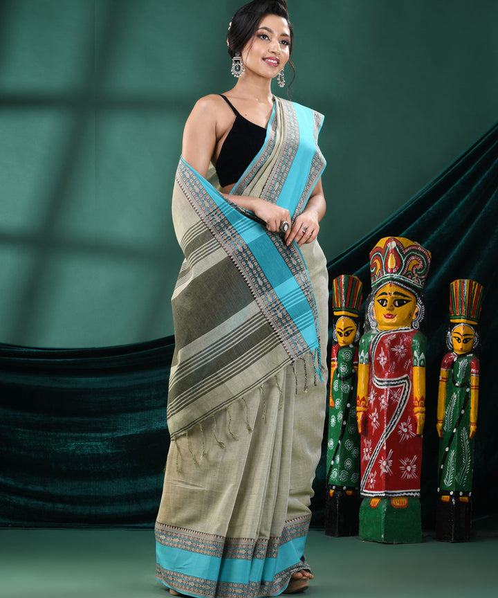 Green beige  handloom cotton bengal saree