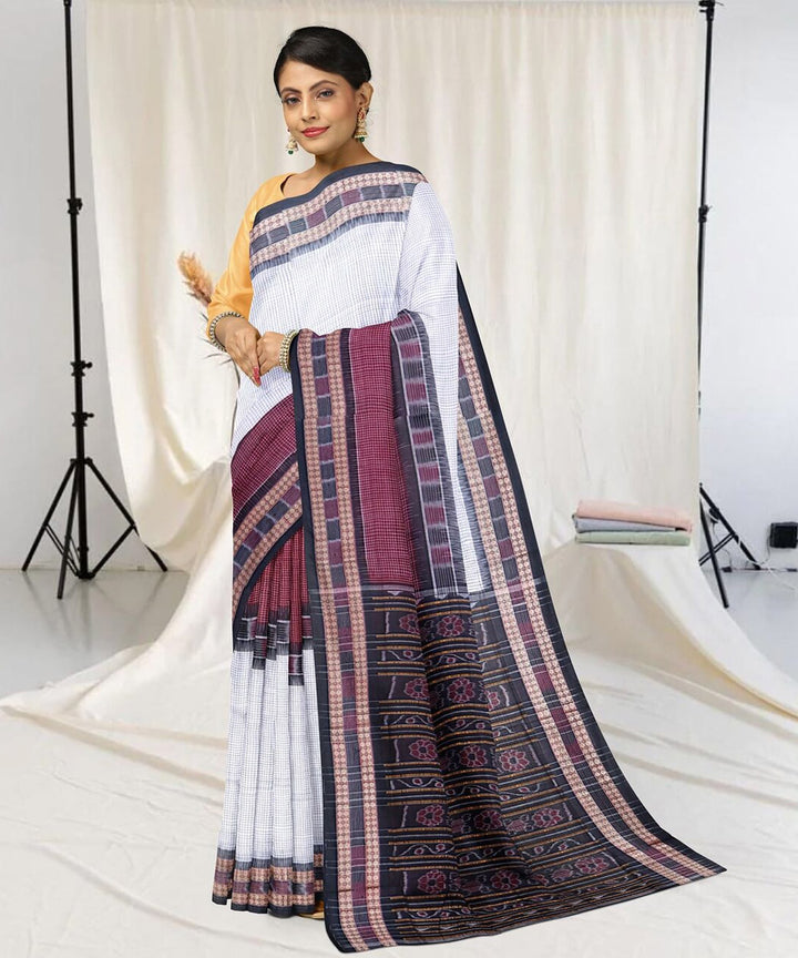 White marron cotton handwoven sambalpuri saree