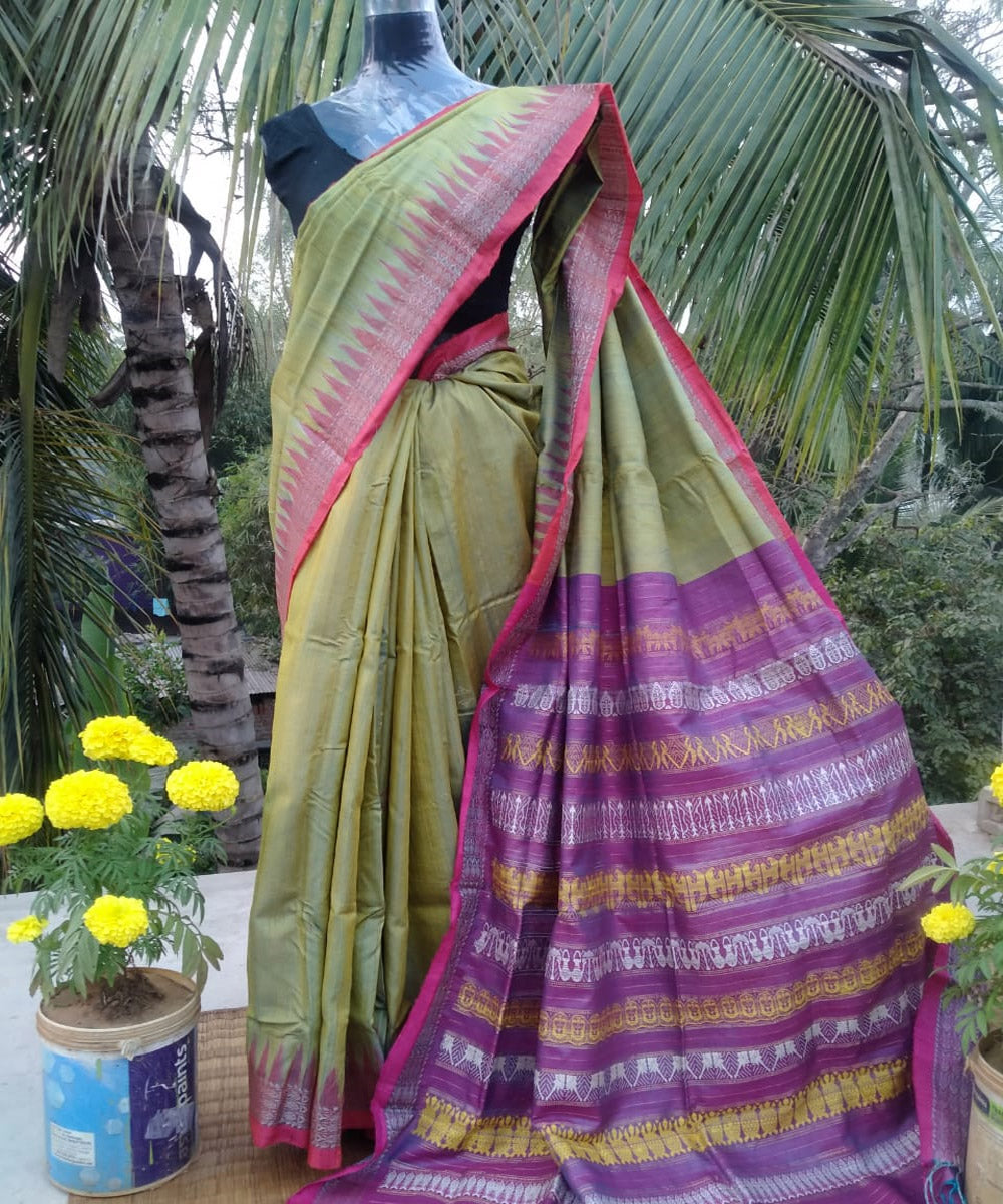 Cyan green brown silk handloom gopalpur saree