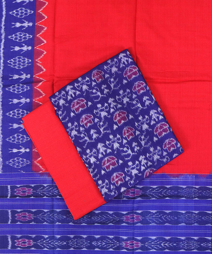 Red blue handwoven cotton sambalpuri dress material