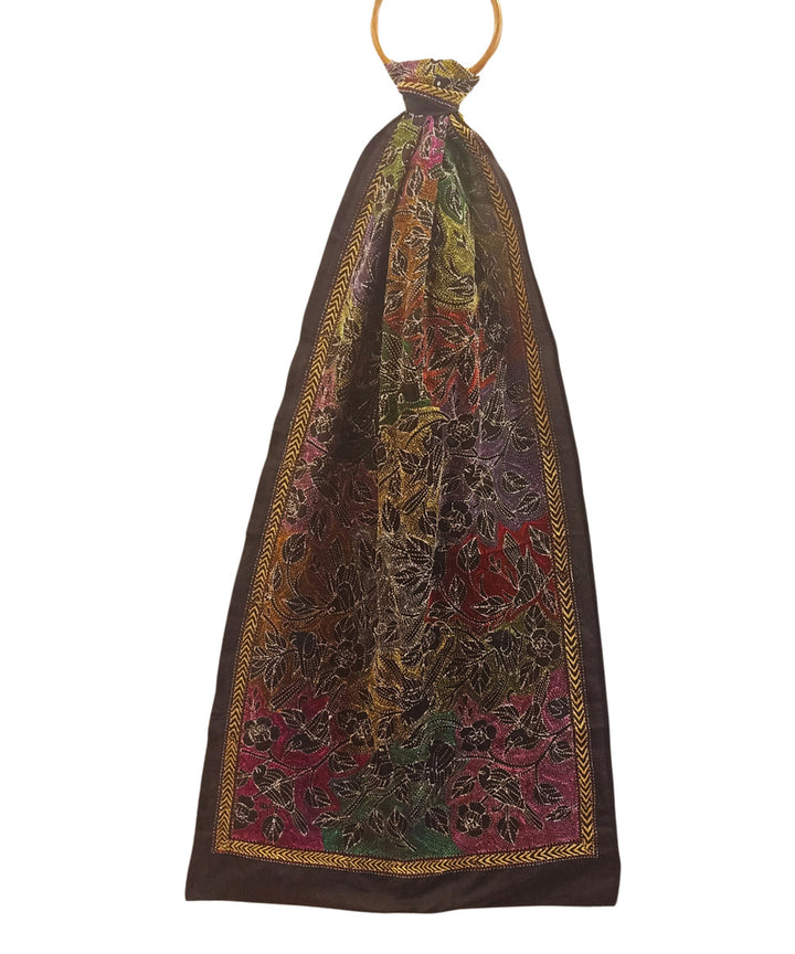 Black multicolor thread silk kantha stitch handwoven stole