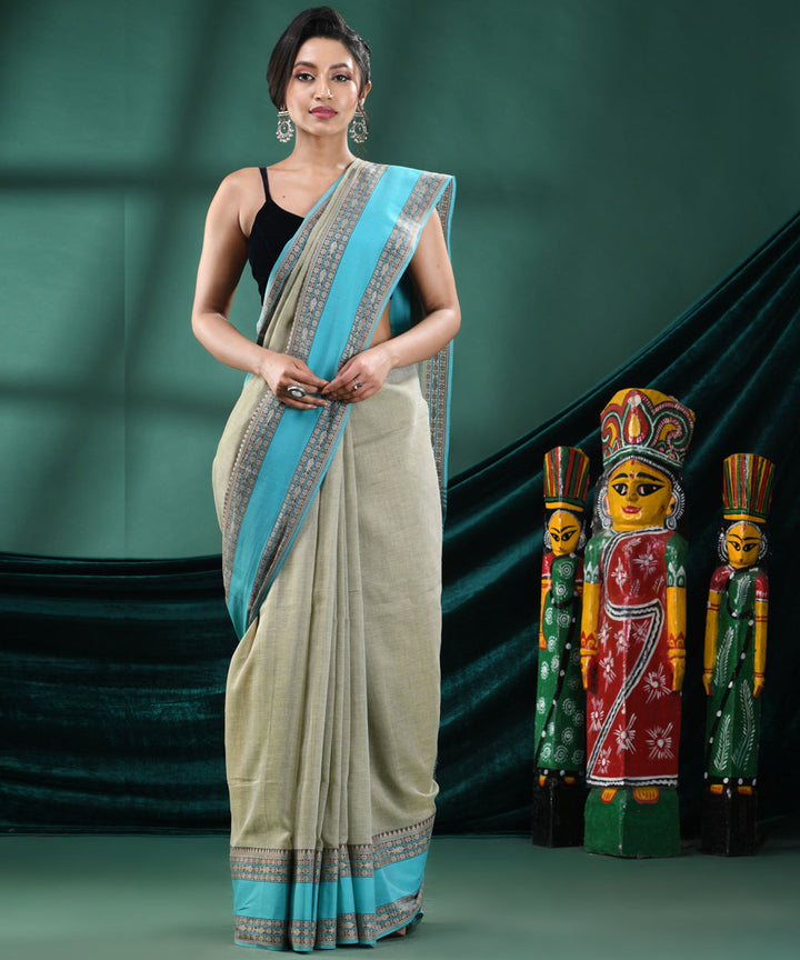 Green beige  handloom cotton bengal saree