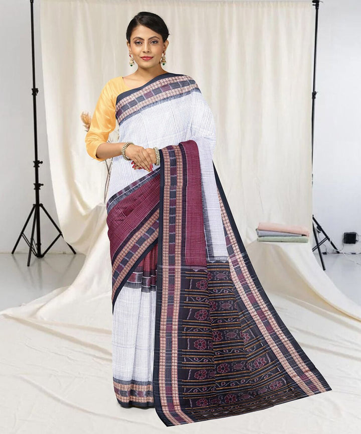 White marron cotton handwoven sambalpuri saree