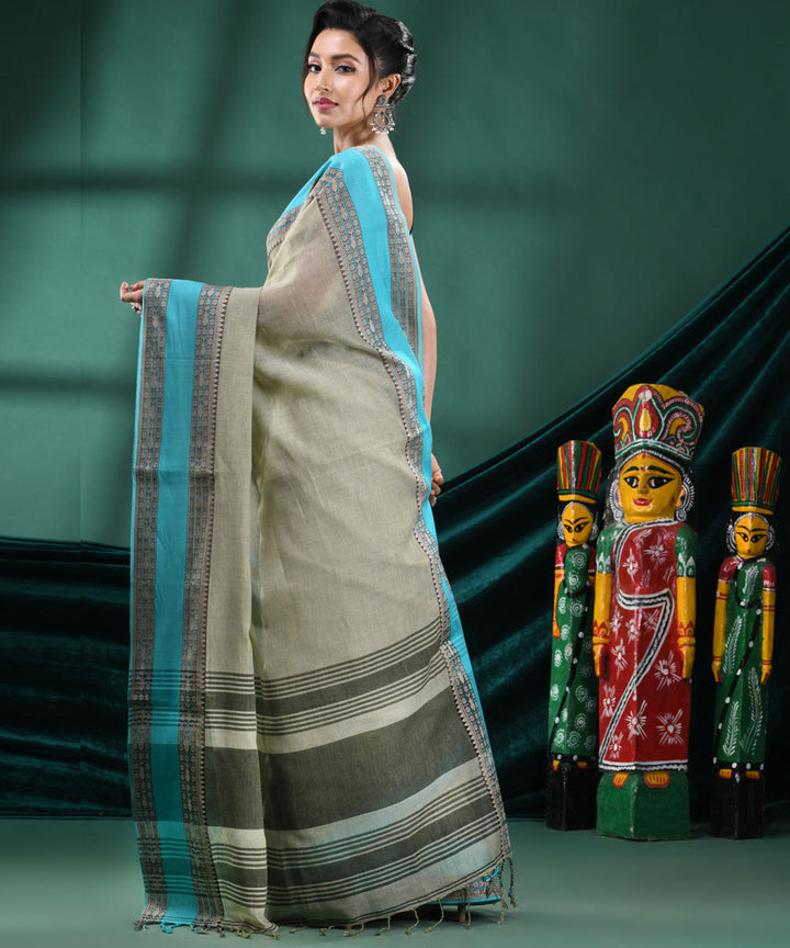 Green beige  handloom cotton bengal saree