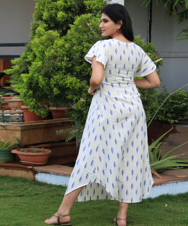 White handcrafted pochampally ikat cotton dress with embroidery