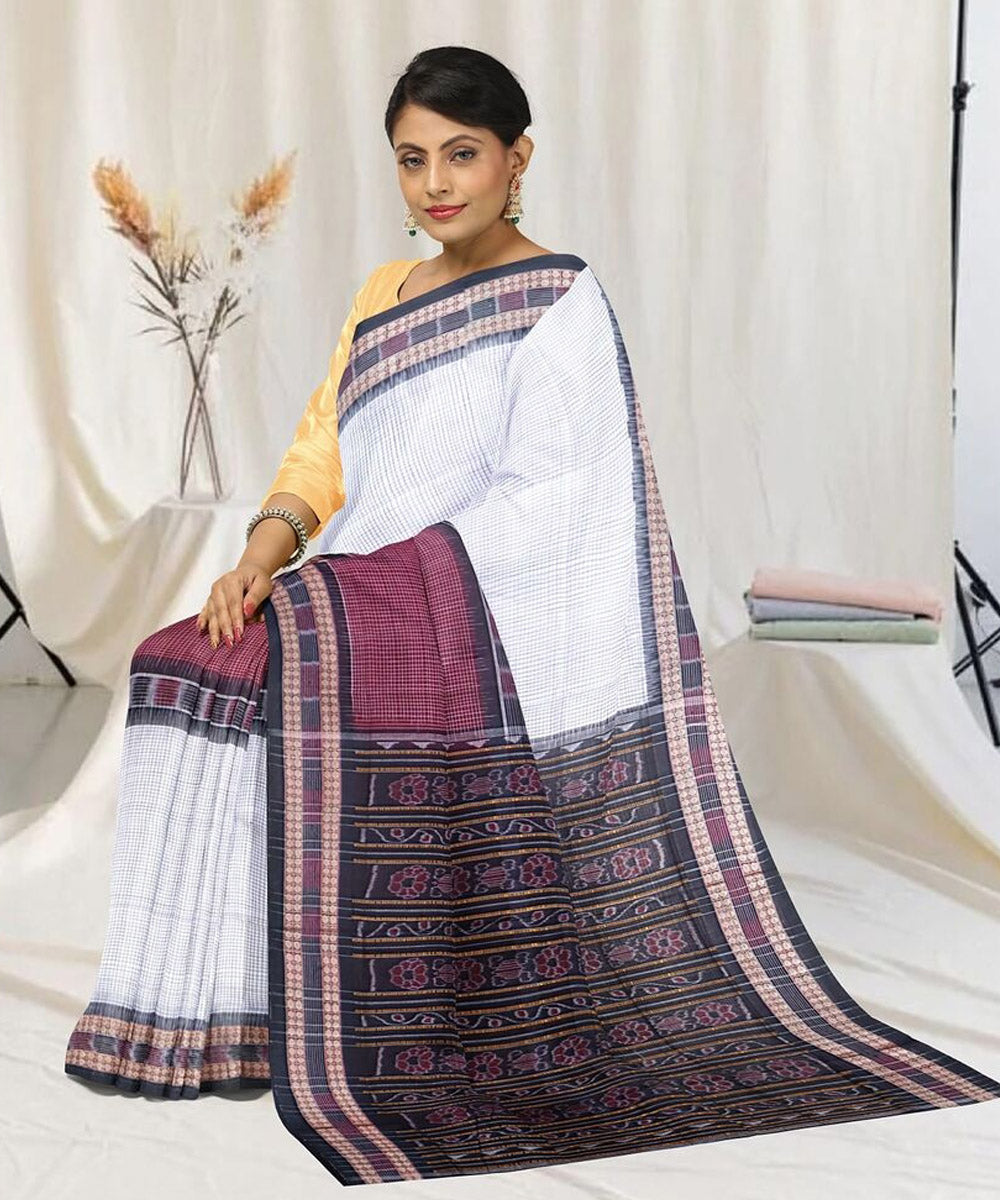 White marron cotton handwoven sambalpuri saree