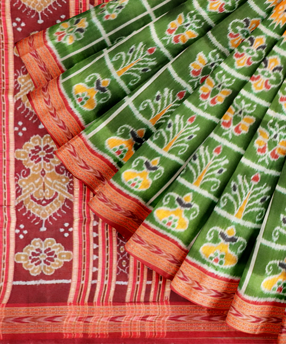 Dark moss green bright maroon silk handloom nabakothi khandua saree