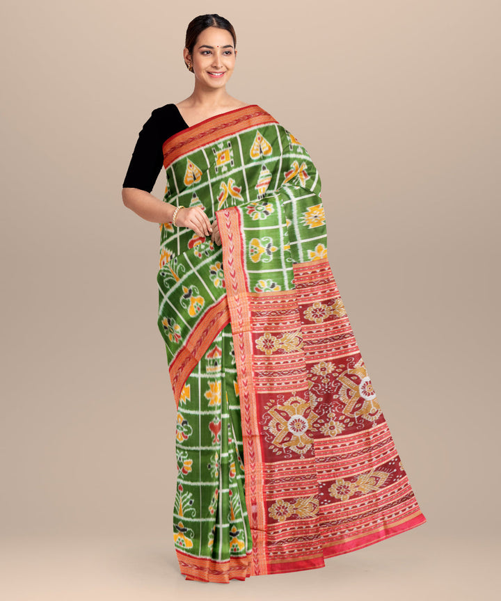 Dark moss green bright maroon silk handloom nabakothi khandua saree