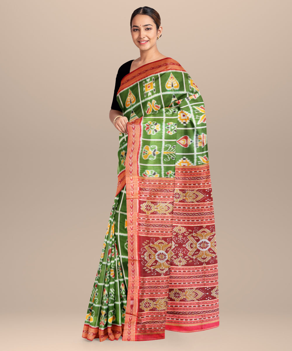 Dark moss green bright maroon silk handloom nabakothi khandua saree