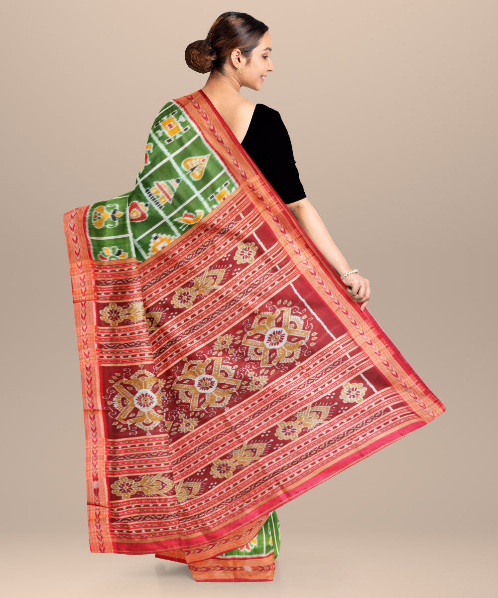 Dark moss green bright maroon silk handloom nabakothi khandua saree