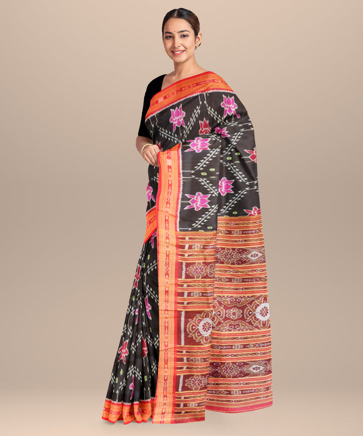 Black bright maroon silk handloom khandua saree