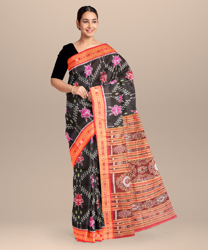 Black bright maroon silk handloom khandua saree