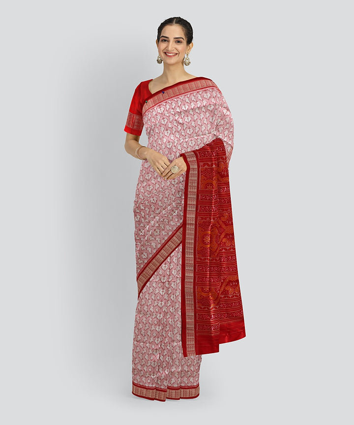 White Dark Red Silk Handloom Sambalpuri Saree