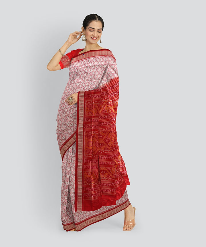 White Dark Red Silk Handloom Sambalpuri Saree