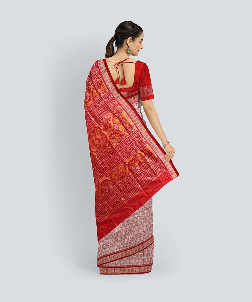 White Dark Red Silk Handloom Sambalpuri Saree