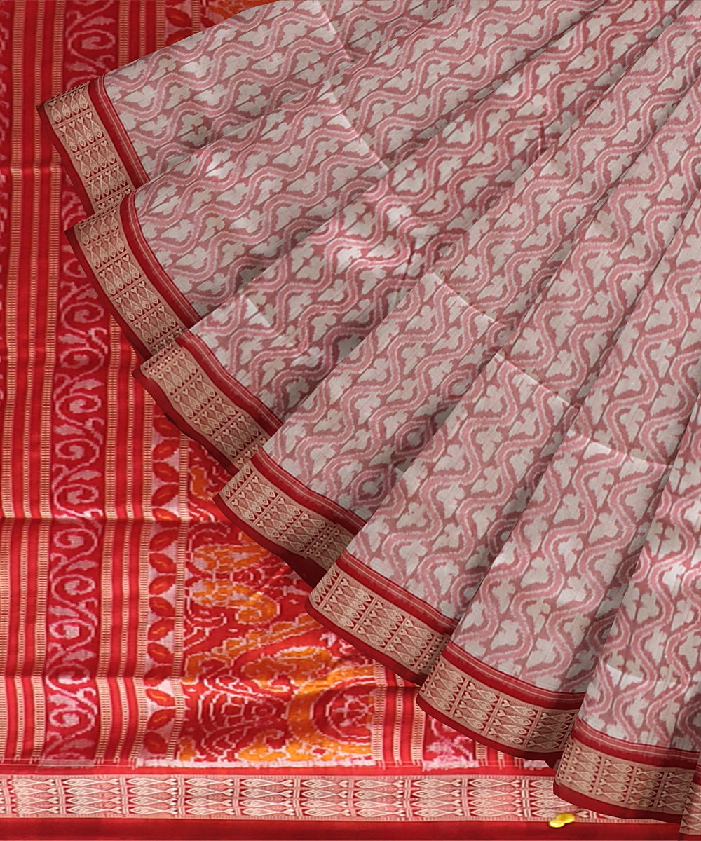 White Dark Red Silk Handloom Sambalpuri Saree