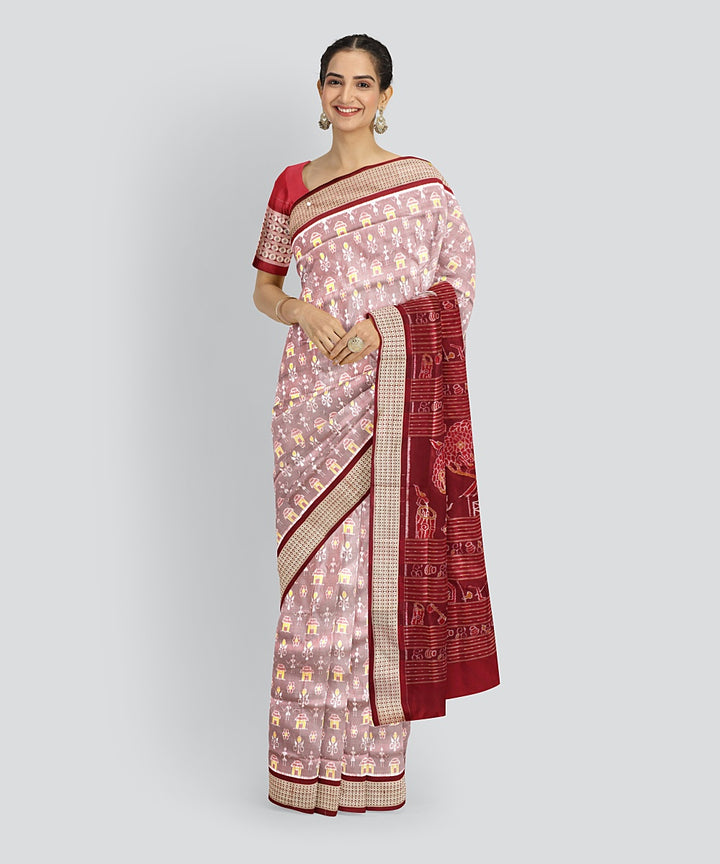 Beige Claret Silk Handloom Sambalpuri Saree
