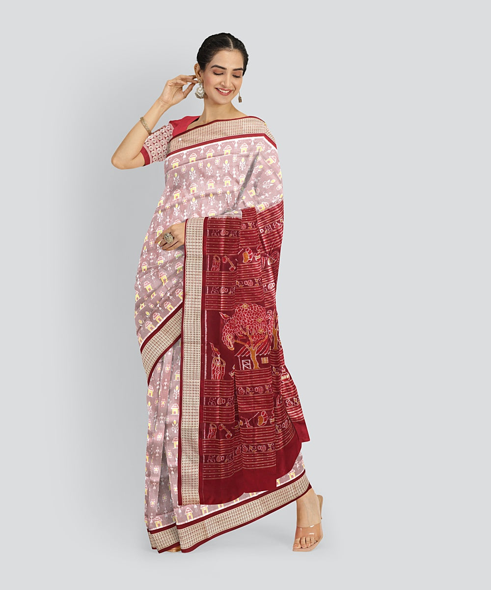 Beige Claret Silk Handloom Sambalpuri Saree