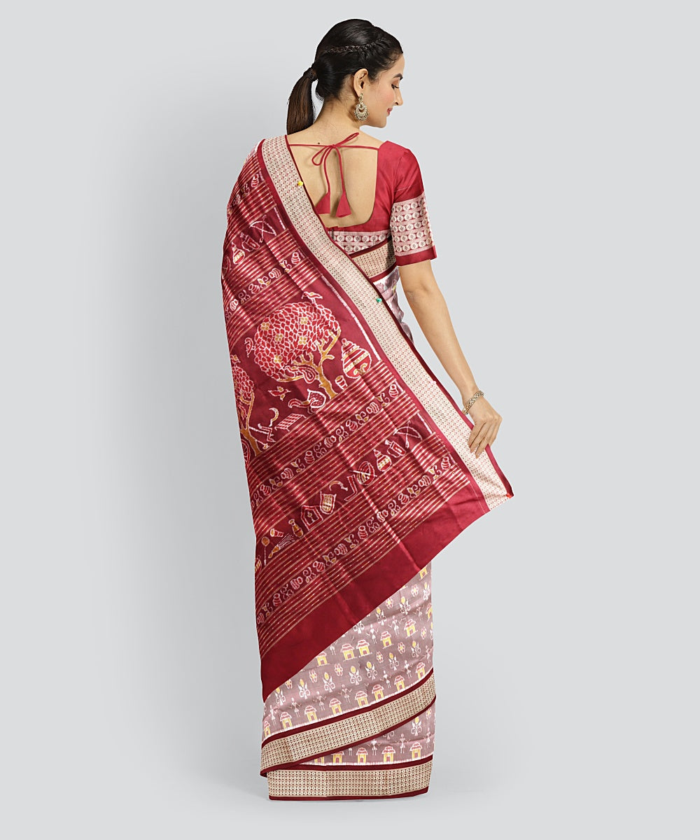 Beige Claret Silk Handloom Sambalpuri Saree