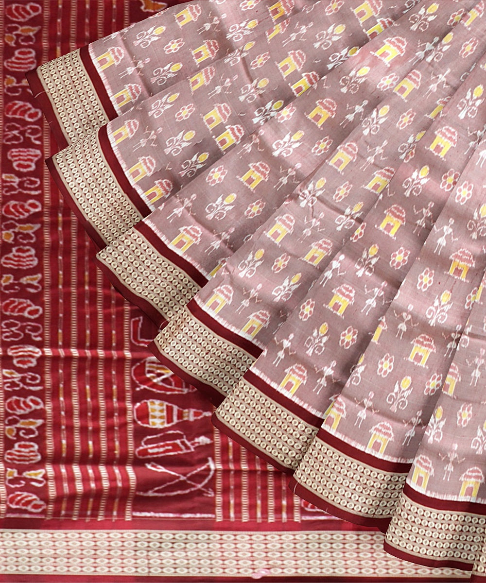Beige Claret Silk Handloom Sambalpuri Saree