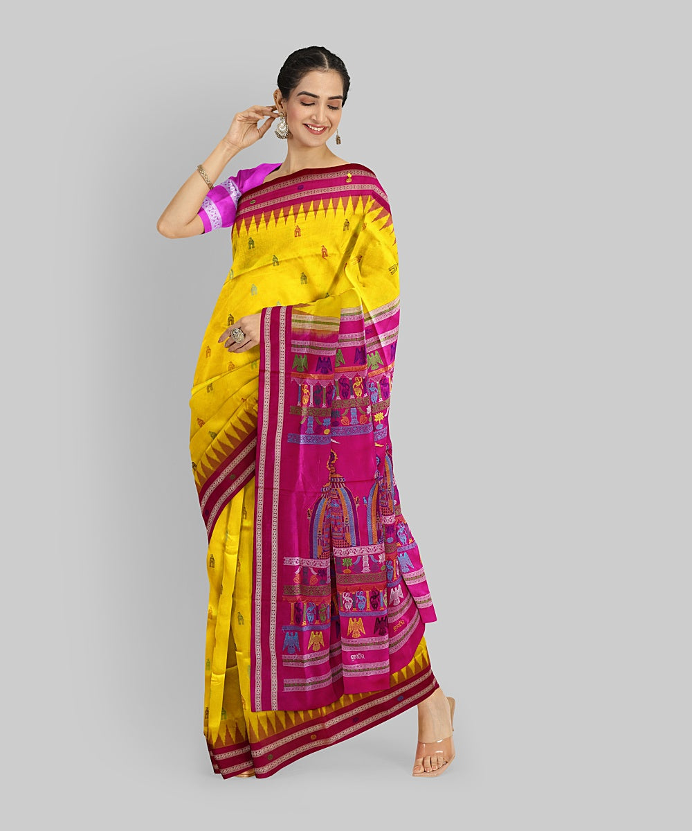 Yellow Deep Magenta Silk Handloom Nilachakra Saree