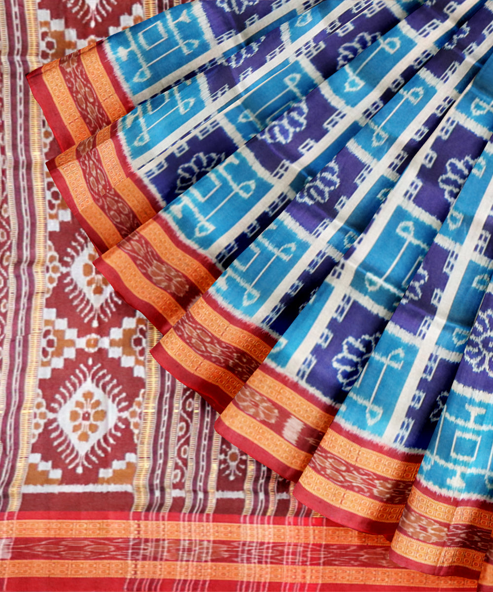 Dark cerulean midnight blue bright maroon silk handloom khandua saree