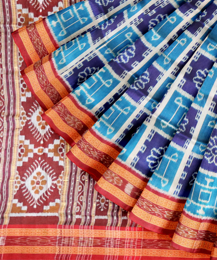 Dark cerulean midnight blue bright maroon silk handloom khandua saree
