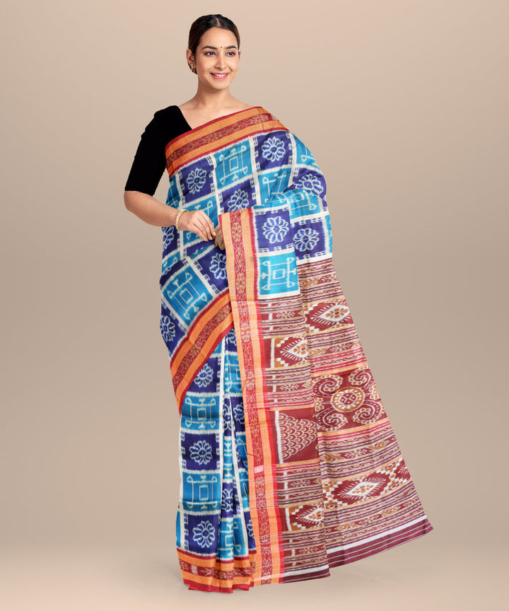 Dark cerulean midnight blue bright maroon silk handloom khandua saree