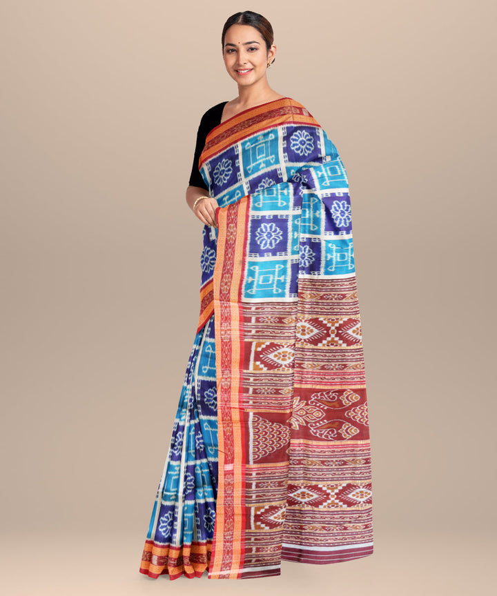 Dark cerulean midnight blue bright maroon silk handloom khandua saree