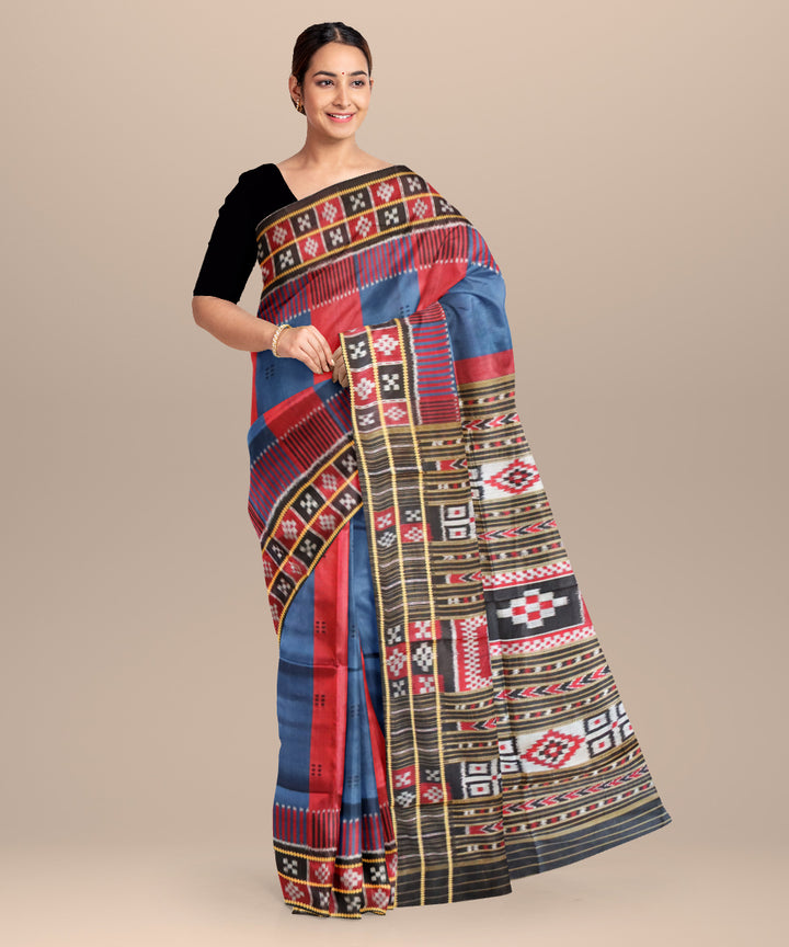 Carmine dark cerulean black maroon silk handloom khandua saree