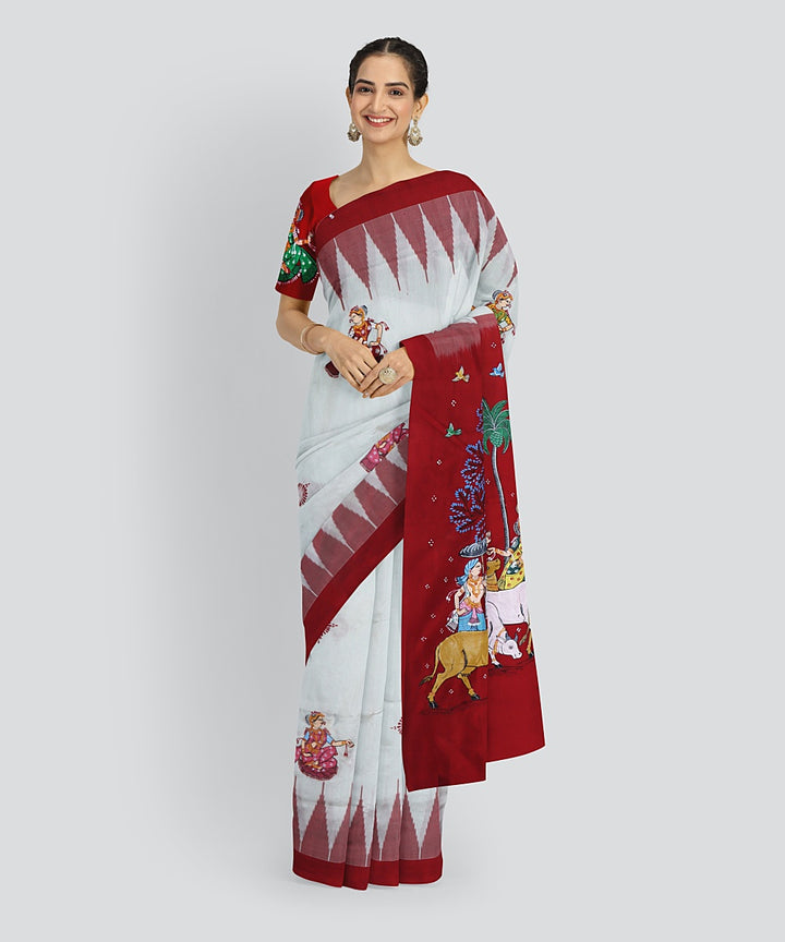 White Dark Red Silk Handloom Pattachitra Saree