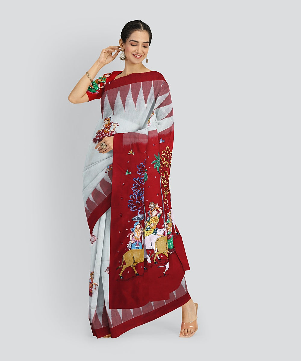 White Dark Red Silk Handloom Pattachitra Saree