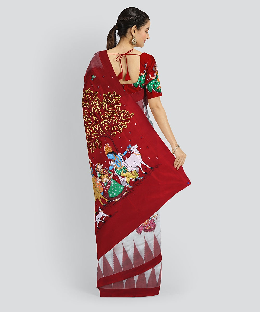 White Dark Red Silk Handloom Pattachitra Saree