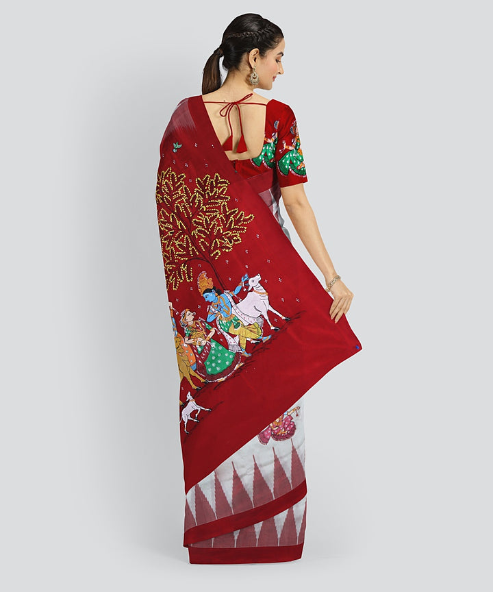 White Dark Red Silk Handloom Pattachitra Saree