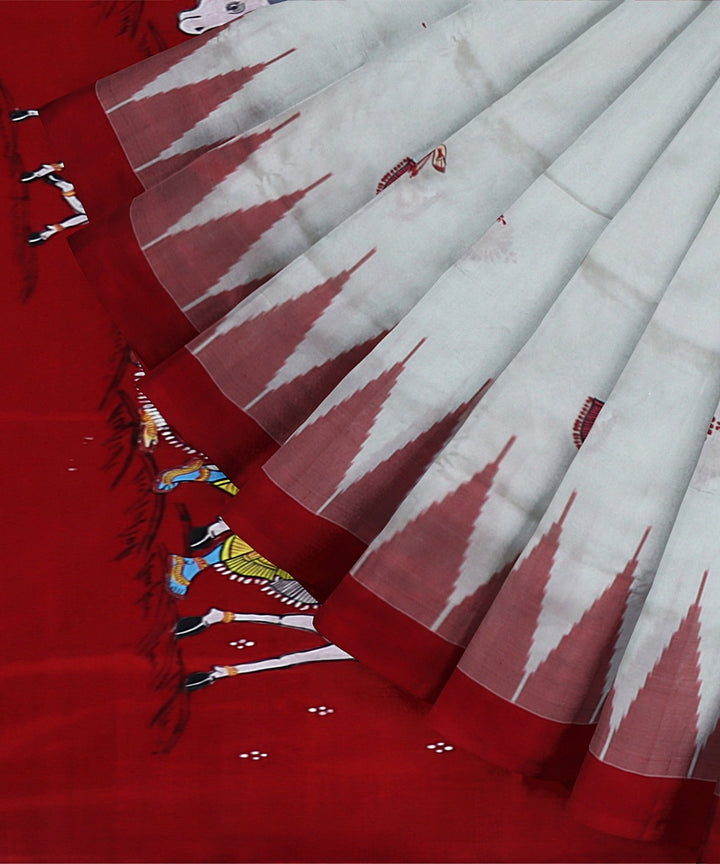 White Dark Red Silk Handloom Pattachitra Saree
