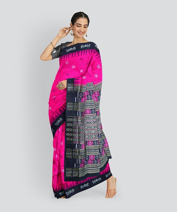 Pink Black Silk Handloom Bomkai Saree