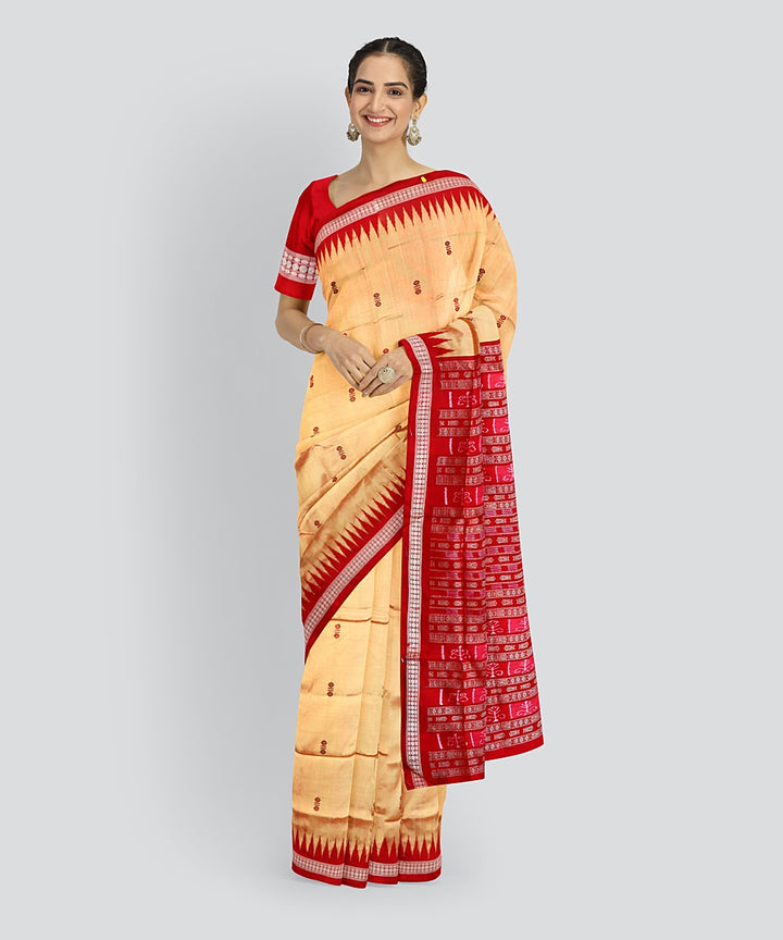 Beige Dark Red Silk Handloom Bomkai Saree