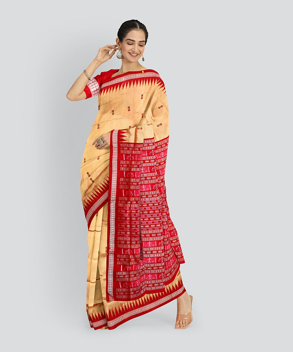 Beige Dark Red Silk Handloom Bomkai Saree